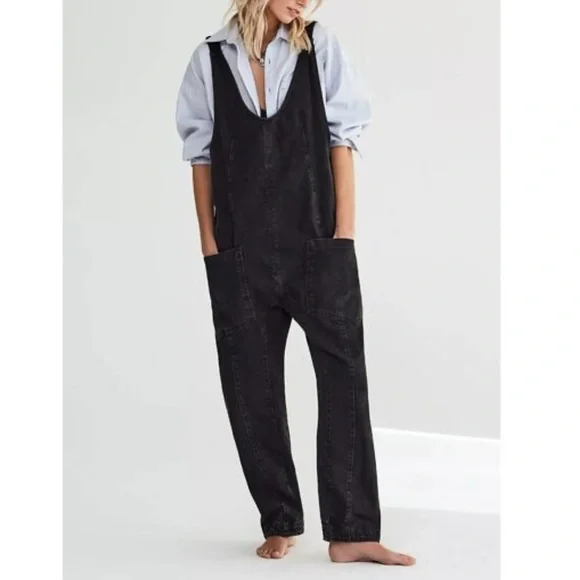 Free People High Roller Jumpsuit In Mineral Black Utility Suit Jumpsuit-kk23 - Picture 1 of 10